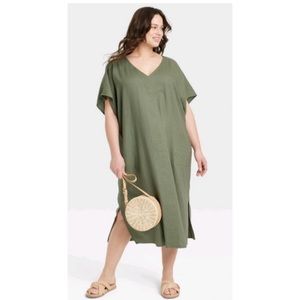 Ava & Viv Relaxed Dolman Short sleeve Linen dress Olive Green